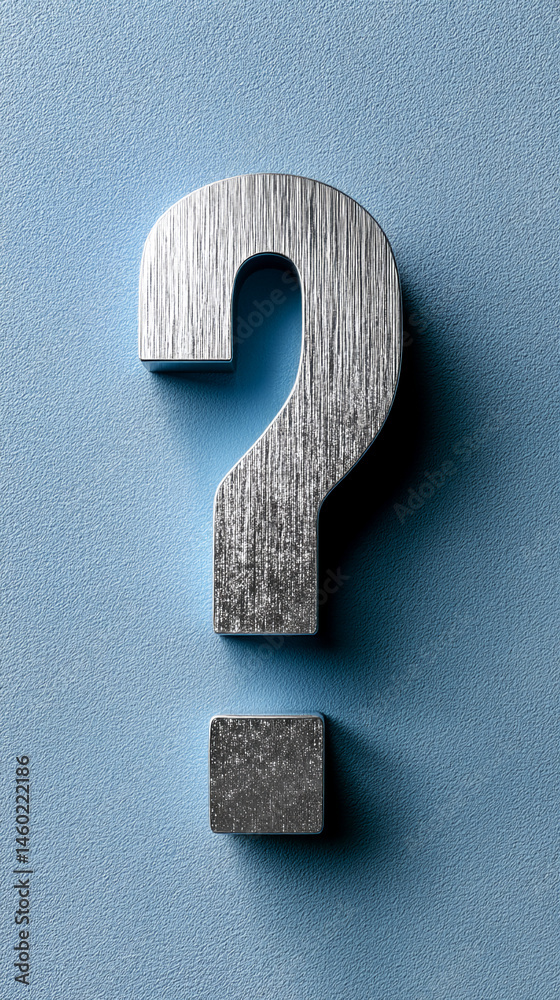 Poster metallic question mark and exclamation point on blue textured background, showcasing a concept of in