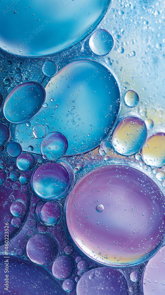 Poster abstract image of blue and purple oil bubbles in water, creating a colorful, textured pattern, showc