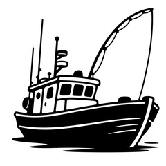 Black and white vector illustration of a fishing trawler at sea.  A strong, simple design ideal for nautical themed projects.