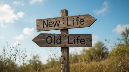 A wooden signpost points to "New Life" and "Old Life," symbolizing choices and transitions in life amidst a natural backdrop.