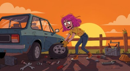 Sunset Car Trouble: A Girl's Struggle with a Flat Tire