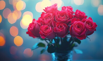 Vibrant red roses in a glass vase, bokeh background