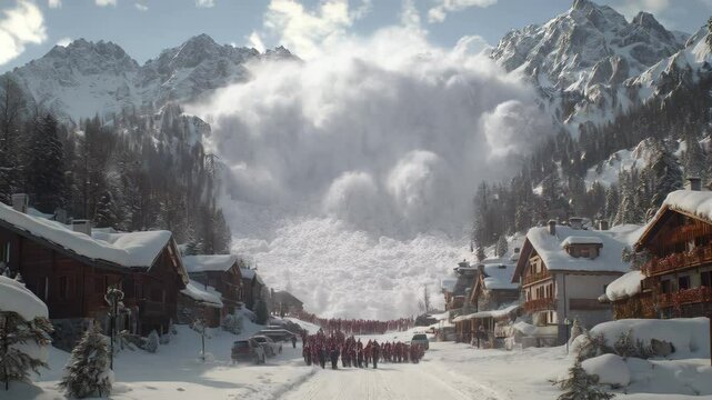 Massive avalanche engulfs mountain village as residents flee to safety in snowy landscape