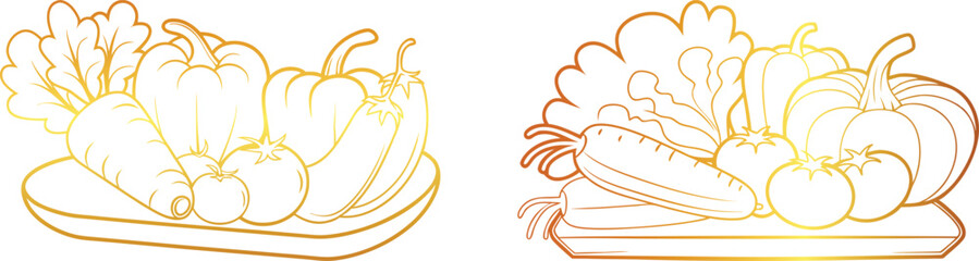 Set of golden Appetizing Vegetables Collection Line Art Vector Design | Hand-Drawn Organic Veggies Illustration