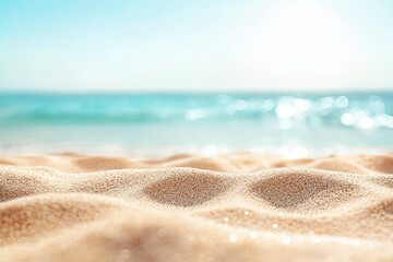 Obraz premium Sandy Beach Meets Azure Ocean, Sparkling Sunlight, Summer Vacation Backdrop, Sea View