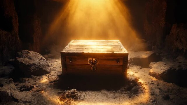 Exciting discovery of a hidden treasure chest illuminated by sunlight in an ancient cave