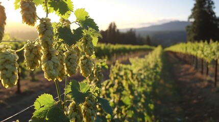 Hops Growing on Lush Vines in a Sunny Vineyard Under Golden Light