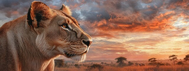 Naklejka premium Lioness in the African Sunset Landscape 