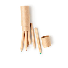 Crayons pencils in eco cardboard box photography isolated on white background. Object with clipping path.