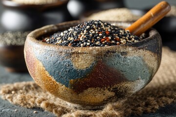 Quinoa grain mix in ceramic bowl with wooden spoon, balanced diet concept for healthy meal preparation.