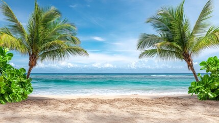 Obraz premium Stunning Tropical Beach with Palm Trees and Clear Ocean Waters