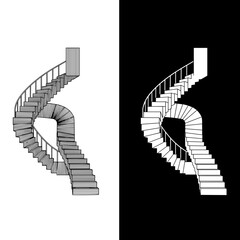 Striking black and white illustration of a spiral staircase against contrasting backgrounds
