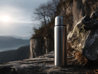 Metal thermos standing on rocky cliff edge light 