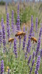 Obraz premium Busy bees pollinating lavender, beeswax production in progress, plant, detail, abdomen