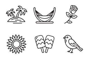 Fototapeta premium Simple Line Art Icons of Summer Relaxation and Treats
