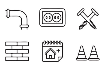Simple Line Icons Representing Construction, Electrical, and Home Improvement Elements