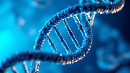 Close-up of the double-helix DNA structure on a blue background, high-resolution photograph.
