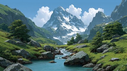 Alpine valley with snowcapped mountain peak