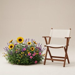 Folding chair near a colorful flower bed with sunflowers on a neutral background