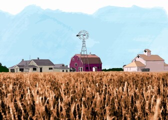 Vintage Barn and Wheat Field