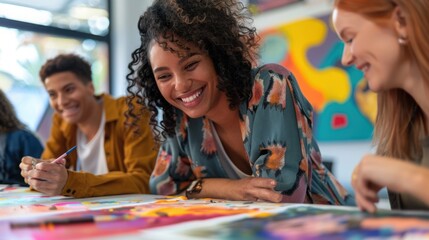 Group of young adults painting together at a table with colorful artwork and bright natural light
