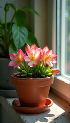 Obraz premium Vibrant succulent blooms in colorful clay pot on sunny windowsill, sedum, pottery, clay pot