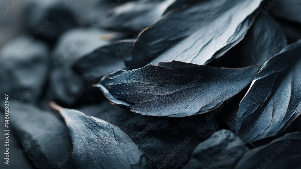 Poster close-up of dark-blue leaf texture, showcasing intricate veining and subtle shadows, symbolizing nat