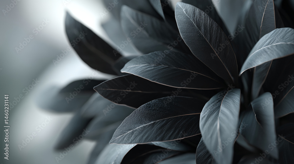 Poster Close-up of dark gray leaves, textured surface, overlapping layers, creating depth and shadow, showcasing natural elegance and minimalist design, ideal for background