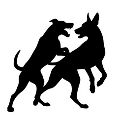 Two dogs fighting, black silhouette, vector art, isolated on white background.