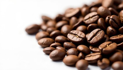 Close-up of roasted coffee beans against white backdrop, macro, organic