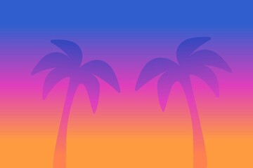 A vibrant gradient background featuring tropical palm tree silhouettes in shades of blue, pink, and orange. Inspired by retro aesthetics and modern gaming visuals