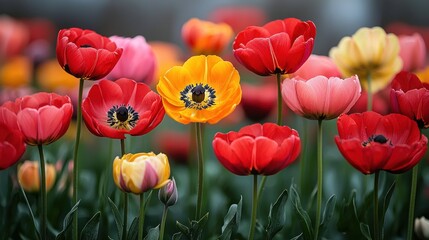 Fototapeta premium Vibrant tulips in various colors bloom in a garden
