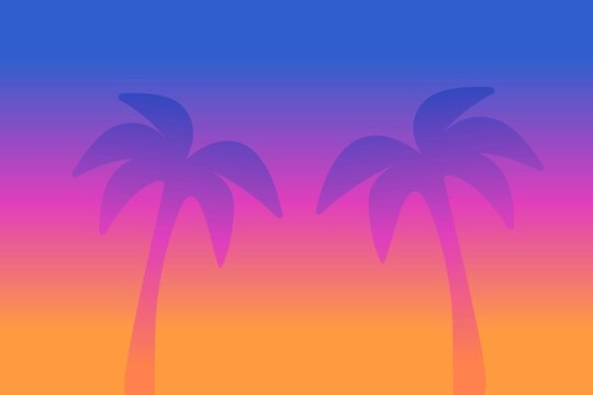 A vibrant gradient background featuring tropical palm tree silhouettes in shades of blue, pink, and orange. Inspired by retro aesthetics and modern gaming visuals - Powered by Adobe