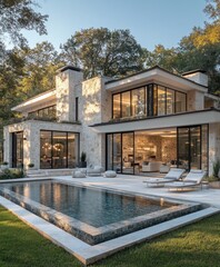Modern stone house, pool, sunset, wooded background. Luxury real estate