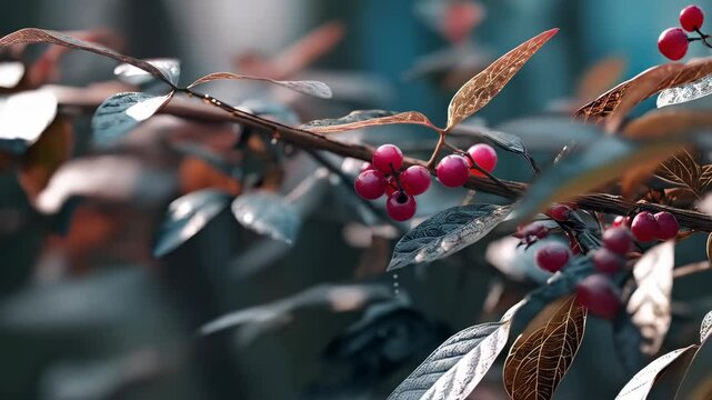 Close-up of red berries on a Cotoneaster branch with muted leaves and stems, creating a soft, organic autumn aesthetic.