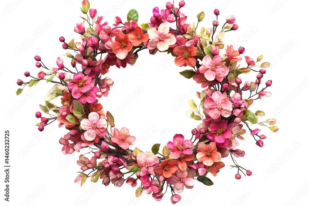 Poster beautiful pink floral arrangement with delicate leaves in a circular shape suitable for greeting car