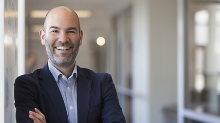 Portrait of a smiling man in a suit standing with arms crossed in a bright office hallway setting