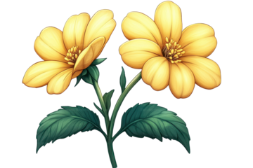 Bright yellow flowers with green leaves on a transparent background showcasing natural beauty and vibrant color for design purposes