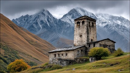 Ancient stone watchtower amidst towering peaks