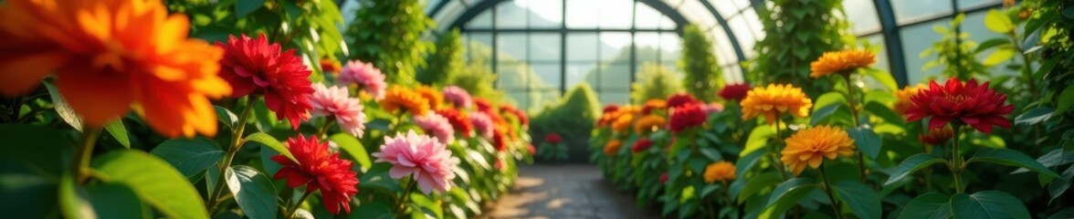 Vibrant blooms burst forth in a lush greenhouse , indoor plants, vibrant, lush