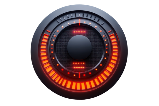 Circular audio speaker with glowing orange lights and central control button designed for enhanced sound performance in a stylish way