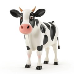 Cartoon cow with black and white spots stares directly.