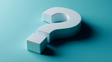 White question mark and cube on teal background, creating a minimalist and intriguing visual, showcasing inquiry, uncertainty, or problem-solving concepts