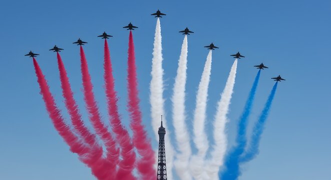 Jet flyover with tricolor smoke trails during Bastille Day parade
