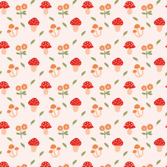 Pink Mushroom Seamless Background, Cute Mushrooms Pattern, Illustrated Mushroom Background, Mushroom Repeat Pattern, Digital Paper Mushroom