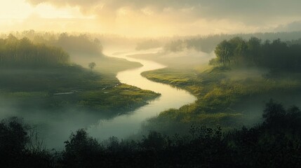 Fototapeta premium Serene morning light over a winding river valley.