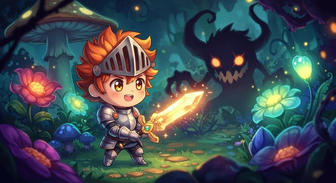 Brave Knight's Forest Adventure: A Chibi Knight Faces a Shadowy Beast