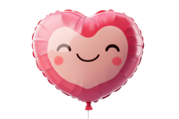 Heart-shaped balloon with smiling face floating against a transparent background, ideal for celebration and festive occasions like Valentine's Day or anniversaries