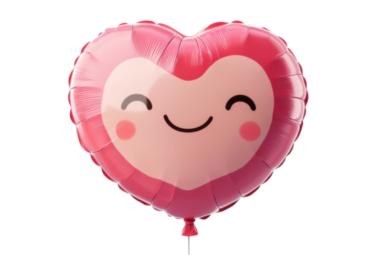 Heart-shaped balloon with smiling face floating against a transparent background, ideal for celebration and festive occasions like Valentine's Day or anniversaries