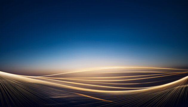 un fondo azul marino con luz exterior con lineas en transparencia doradas sobre el fondo desvanecidas con espacio de copia para diseno de plantilla